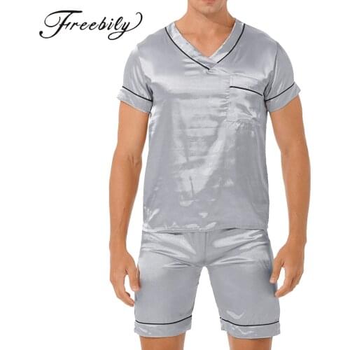 Mens Pajamas Set Satin Silk Lounge Shorts Short Sleeve Shirt 2-Piece Nightwear Sleepwear Comfy Loungewear