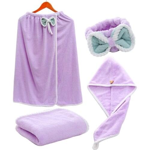 Drop Shipping Womens Microfiber Bath Towel Set With Shower Cap Headband Bathrobe Towel Home Textile Bathroom 4pcs/set