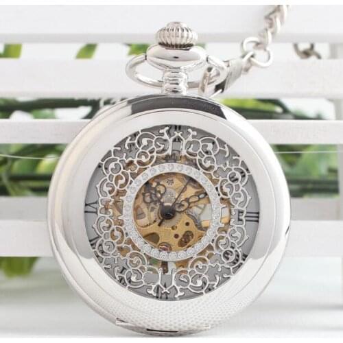 Silver Mechanical Pocket Watch Retro Men Women Trendy Carving Hand Winding Roman Numbers Classic gift