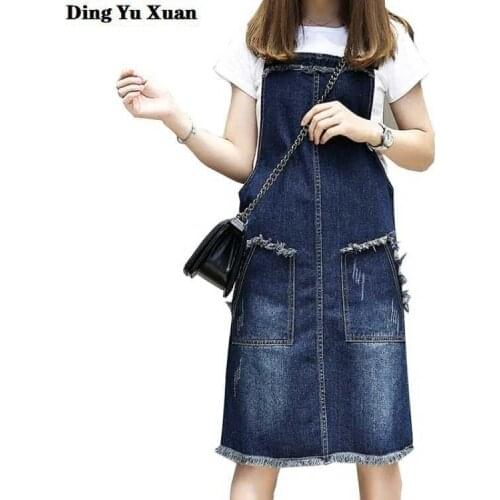 Spring Summer Casual High Waist Suspender Skirt Plus Size Women Straight Overalls Long Denim Jeans Skirts Knee Length Womens