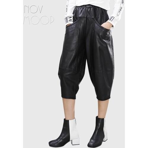 Novmoop 2019 autumn streetwear sheepskin genuine leather bloomers women wide leg pants with big pocket pantalones mujer LT2850