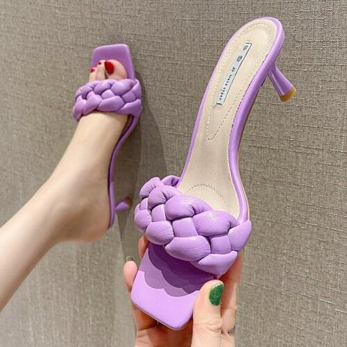 Thin Heels Slippers Casual High-Heeled Shoes Lady Low Slipers Women Slides Luxury Summer 2021 Rome Rubber Pumps Basic PU Fashion