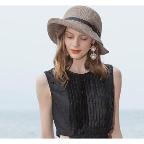 X1006 Adult Straw Hat Foldable Summer New Dome Wide Brim Bow Sunshade Beach Hat Girls Straw Summer Sun Cap