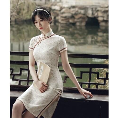 Chinese Traditional Women Cheongsam Retro Dress Elegant Temperament Print Short Sleeve Split Buttoned 2021 Summer New Fashion