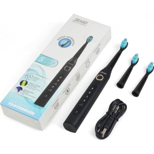 Seago SG-507 Adult Sonic Electric Toothbrush Timer Brush USB Rechargeable Tooth Brushes with 2Pcs Replacement Heads 5 Modes