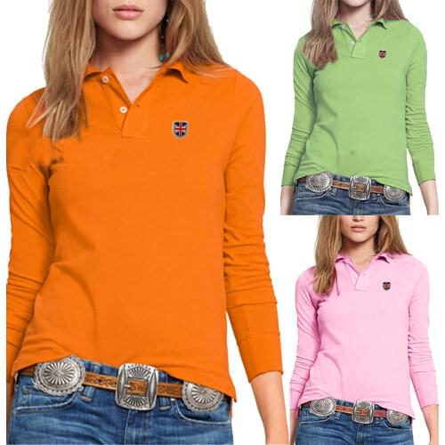 High Quality Autumn New Lady Long Sleeve Polo Shirts Color Casual Women Lapel Polos Cotton Women Fashion Embroides Slim Top
