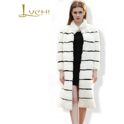 LVCHI Brand 2019 genuine fur womens jacket real fur coats for women fur coat fur leather coat Striped Diamonds mink coat