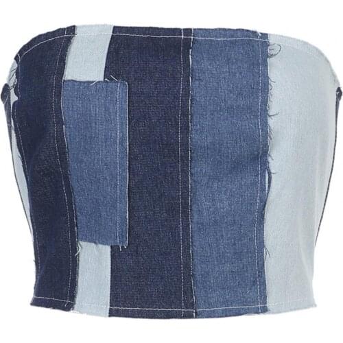 Streetwear Sexy Women Sleeveless Lace Up Bandage Bustier Denim Patchwork Bandeau Tube Top Crop Top Women Bodycon Denim Top