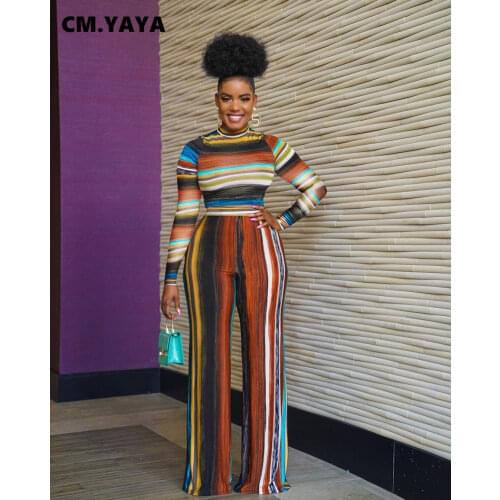 CM.YAYA Women Sets Stripe Print Long Sleeves Half High Collar Short Top&Long Wide Leg Pants Loose Casual Two Piece Set Autumn