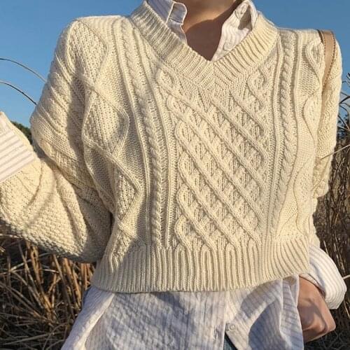 Women V Neck Casual Lady Cropped Sweater Batwing Long Sleeve Loose Soft Knit Tops Jumper Retro Twist Pullover Sweater