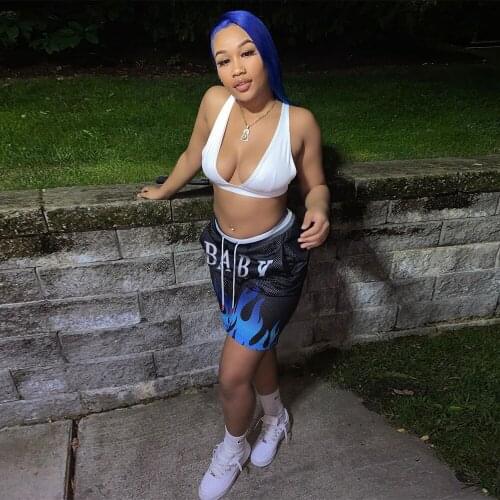 Plus Size Two Piece Set Tracksuit for Women White Deep V Neck Sleeveless Tank Top and Letter Print Biker Shorts Matching Suits