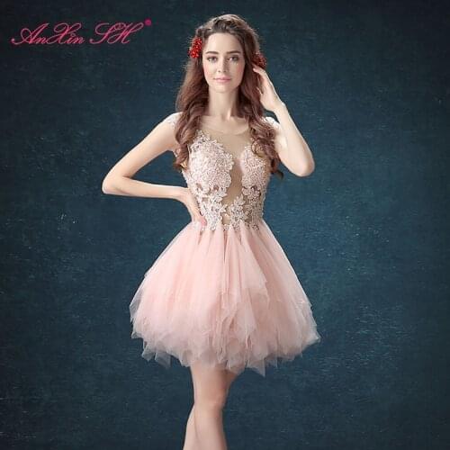 AXJFU pink lace illusion Robe De Soiree Short o-neck white Evening Gowns grey lace short evening Dresses little black dress