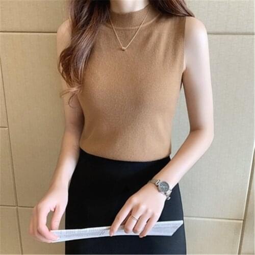 2021 Korean Fashion Women Sweater Vest Knitted T-shirt Womens Turtleneck Autumn Loose Slip Plus Size Sleeveless Top Vest