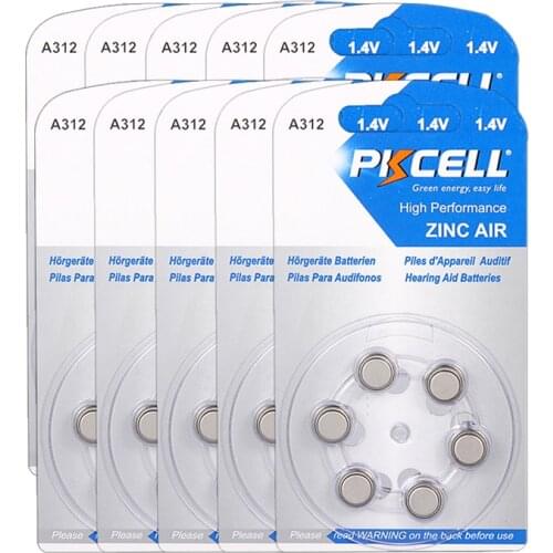 60pcs / 10cards PKCELL Hearing Aid Battery 312 A312 PR41 7002ZD B347PA AC312 ME7Z Zinc Air Battery