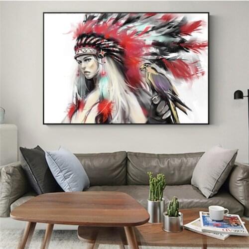Watercolor Indian Girl Canvas Paintings on The Wall Girl with Parrot Posters and Prints Wall Pictures for Kids Room Decoration