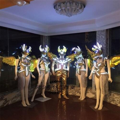 AS99 Gold ballroom Dance dj disco singer sexy bra dress led light costumes cosplay women catwalk cloth bar party women wears