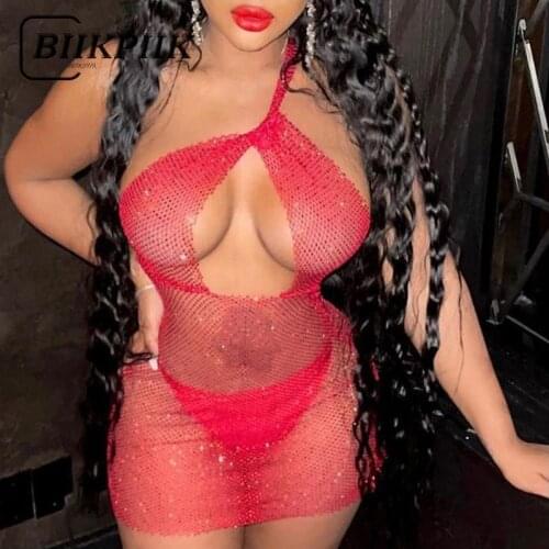 BIIKPIIK Hollow Out Mesh Skinng One Piece Mini Dress See Through Bodycon Solid Evening Party Clubwear Dress Sexy Casual Clothes