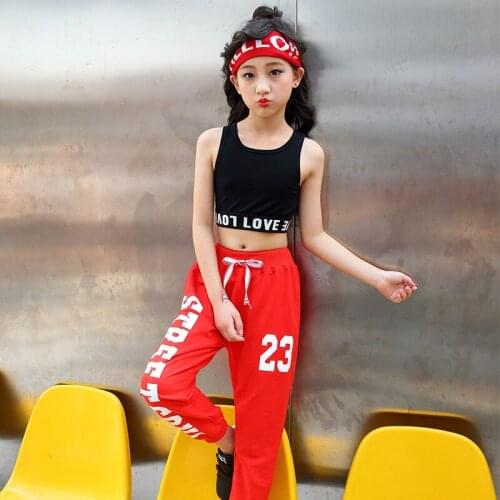 Kids Jazz Hiphop Dance Costumes For Girls Cotton Black Letter Crop Top And Pant Children Sport Suit Teen Girls Clothing 2017