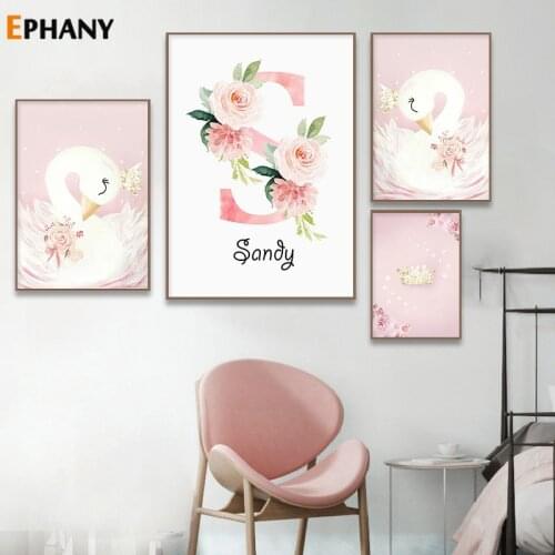 Baby Girl Nursery Wall Art Canvas Painting Pink Swan Cartoon Custom Name Capital Posters Nordic Kids Bedroom Decoration Picture