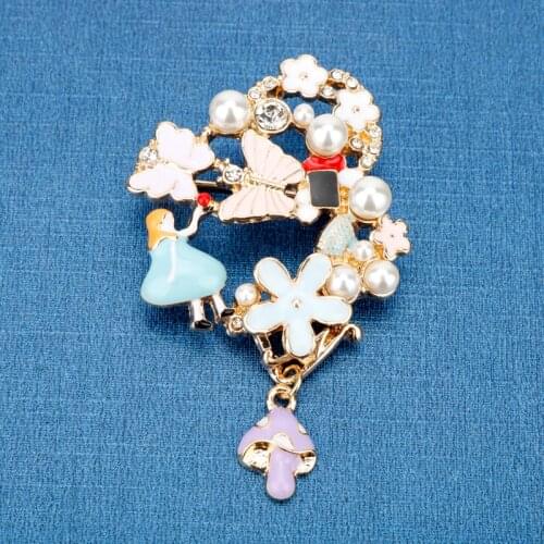 Dongsheng Romantic Jewelry Alice Wonderland Butterfly Clocks Colorful Flower Princess Peals Brooch Pin for Women Girl Gift