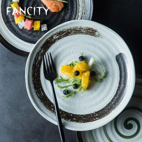 FANCITY Creative Personality Japanese Hand-painted Ceramic Restaurant Tableware Shaped Threaded Dinner Plate Home Steak Plate