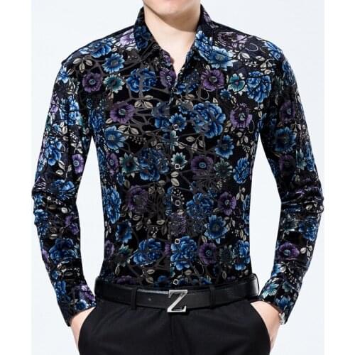 Exquisite 3d floral pattern print fashion trend long sleeve shirt Autumn 2018 New quality gold velvet soft luxury shirt menM-3XL