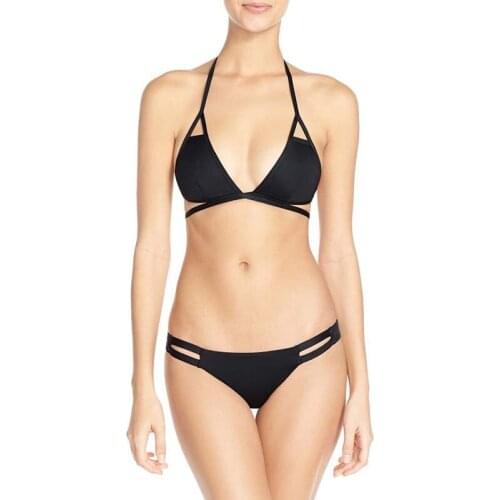 Summer Fashion Black Strappy Bikini Set Sexy Push-Up Padded Triangle Thong Swimsuit Bandage Halter Swimwear Beachwear