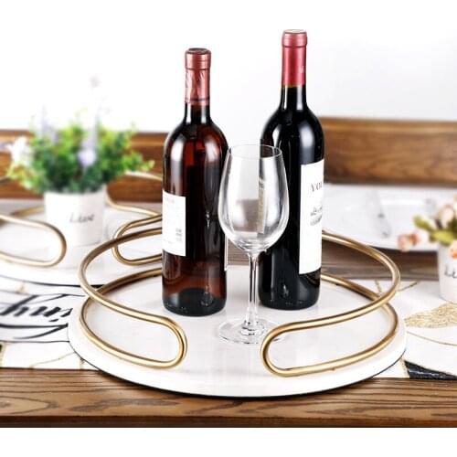 Metal Arc Handle White Marble Tray European Model Room Soft Home Storage Tray Decoration Tray