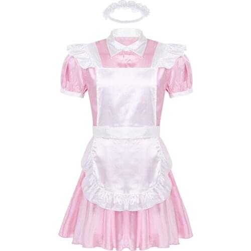 Mens Adults Sissy Maid Dress Cosplay Costume Turn-down Collar Puff Sleeve Button Down Dress with Apron Headband Sexy Clubwear