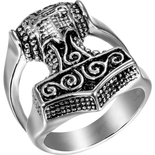 BONISKISS Mens Thors Hammer Band Ring Mjolnir Finger Ring 316L Stainless Steel Biker