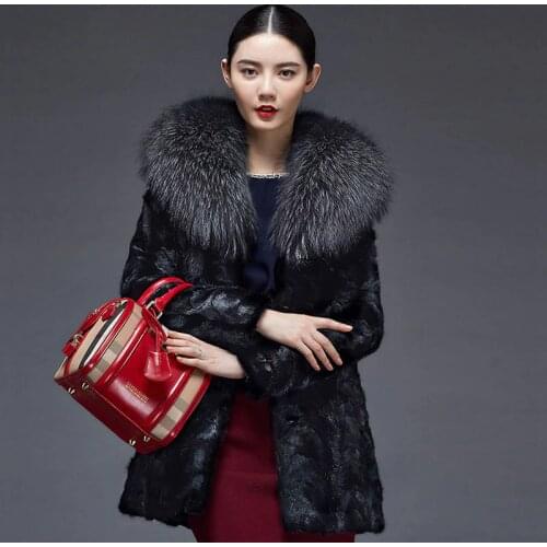 New Womens Autumn Winter Large Size Casual Faux Mink Fur Coats Long Section Female Big Raccoon Dog Fur Collar Outwears D447