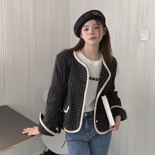2021 Autumn Elegant Plaid Jacket Women Single Breasted Short Coat Round Collar Loose Outerwear Female