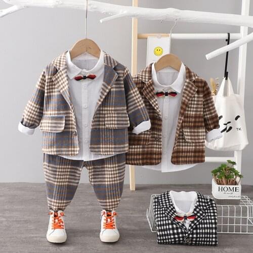 2021 Autumn Winter Baby Boys Gentleman Plaid Clothing Set Kids Fashion Coat+Bowtie Shirt+ Pants 3PCS Suits Boys Formal Clothes