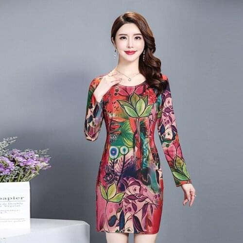 Autumn And Spring Print Long Sleeve O Neck Slim Dresses Plus Size Clothing Vestidos Casual Dress Bohemian Style