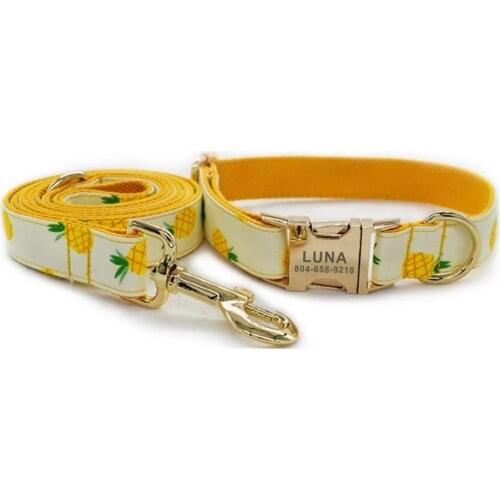 Personalized Pineapple Pet Collar Puppy Cat ID Tag Adjustable Custom Name Gold Buckle Orange Fruit Basic Dog Collars Leash Set