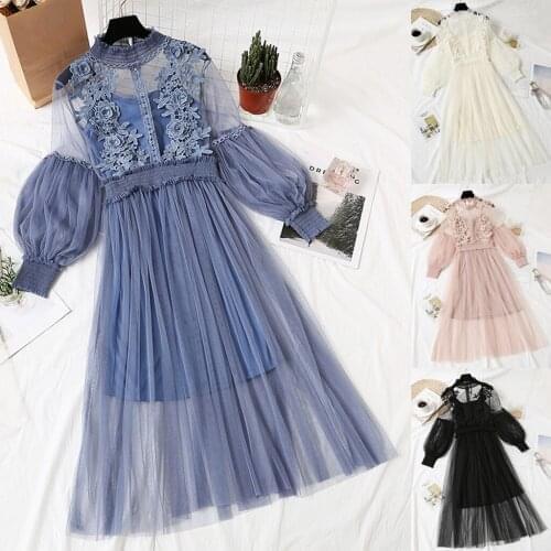 Dress For Women Fashion Flower Embroidered Long Dresses Lantern Sleeve Button Two-Piece Dress Party Dress Vestidos Robe Femme