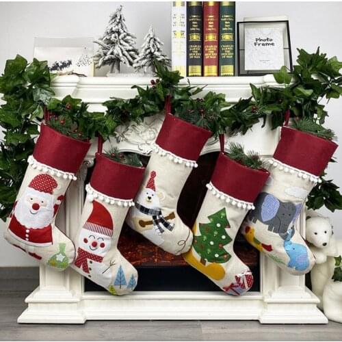 Christmas Linen Stocking Santa Xmas Tree Hanging Socks Xmas Kids Gifts Storage Bags Christmas Tree Pendant Gift Bag SN3407