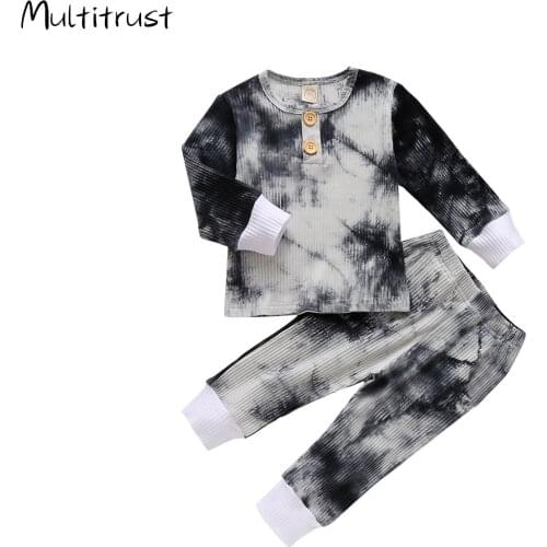 2Pcs Toddler Infant Baby Boy Long Sleeve Top Shirt Pants Ribbed Outfit Tie Dye Fall Winter Clothes