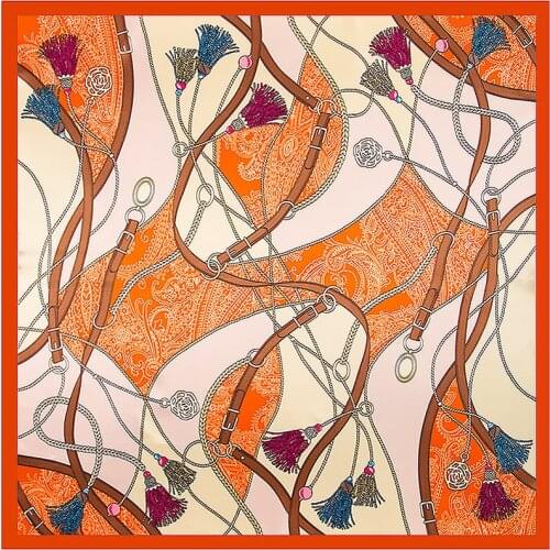 POBING Women Scarf Luxury Brand Rope Tassel Print Hijab Silk Satin Shawls Foulard Square Head Scarves Wraps For Ladies 90x90CM