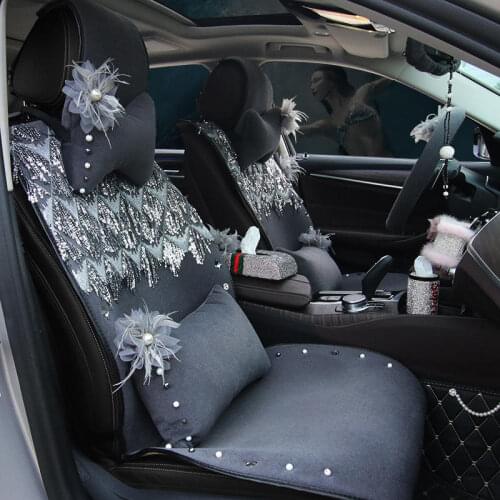 Universal Car Bling Sequin Fringed Plush Car Seat Cover Mat Seat Cushion Velvet Beading Flower Elegant style Autumn and winter