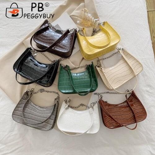 Retro Alligator Pattern Shoulder Underarm Purse Women Casual PU Leather Thick Chain Handle Bag Portable Solid Color Hobo Handbag