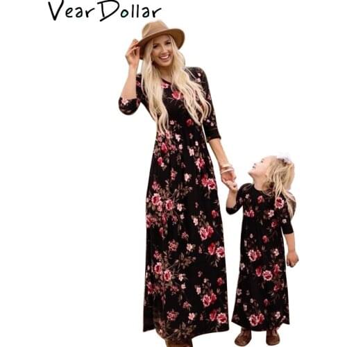 VearDoller Family Clothing Long Sleeve Flower Print Mother Daughter Matching Long Dress 2018 New Fashion Mommy and Me Clothes