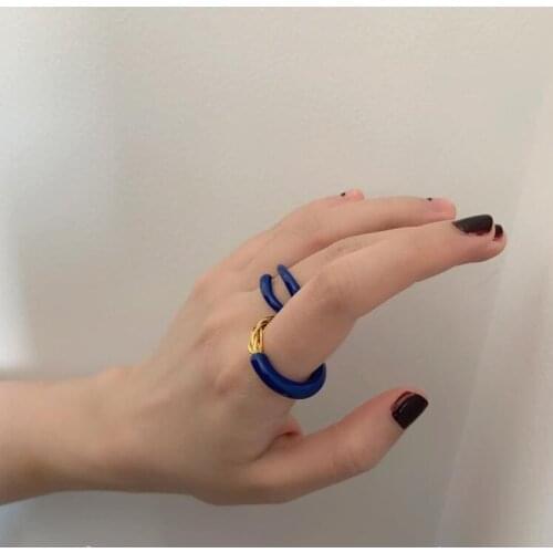 FFLACELL Vintage Blue Drip Glaze Double Stitch Metal Interlaced Weaving Personality Men And Women Niche Design Color Ring