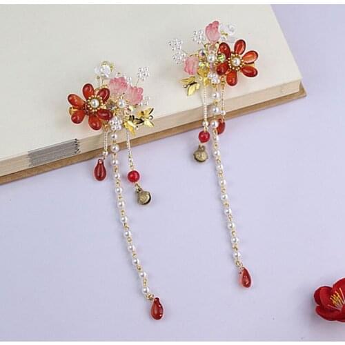 Red Flower Pearl Girl Hair Clips Hairpin HanfuTraditional Headdress Handmade Hair clip