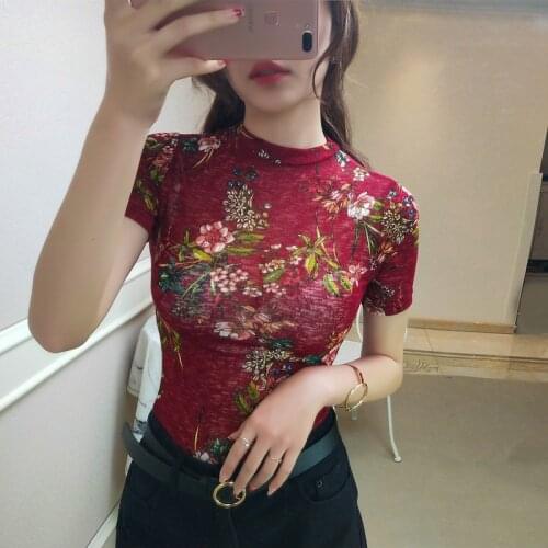 Short Sleeve T-shirt 2019 Spring Summer Women Micro-transparent O-neck Printing T-shirt Slim Fit Sexy Dance Shirt Club Wear