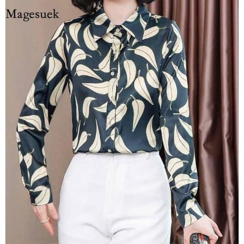 2020 Silk Shirt Autumn Women Plus Size S-4XL Leaves Print Blouses Clothes Fashion Long Sleeve Shirts Blusas Mujer De Moda 10724