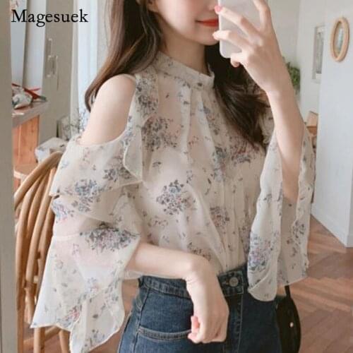 Summer Print Elegant Loose Ruffle Tops Chiffon Blouse Off Shoulder Women Tops Office Lady 2021 Fashion Blusas Mujer De Moda 9931