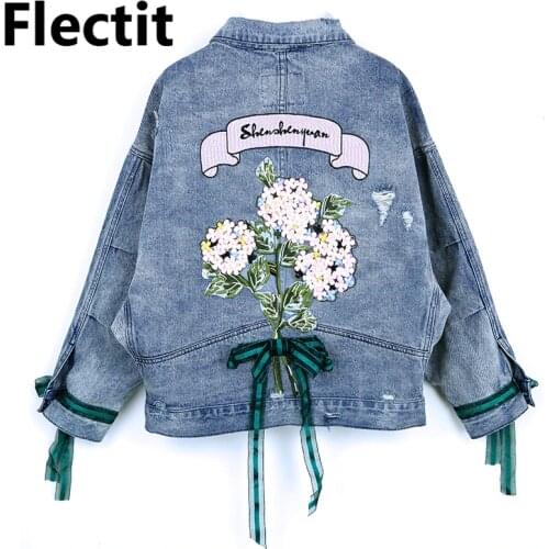 Flectit Flower Embroidered Oversized Denim Jacket Womens Vintage Washed Denim Jacket Coats