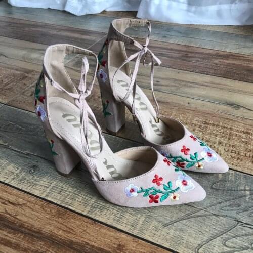 2020 embroidered womens high heels lace cross tie womens high heels sexy party wedding pointed elegant ladies shoes women