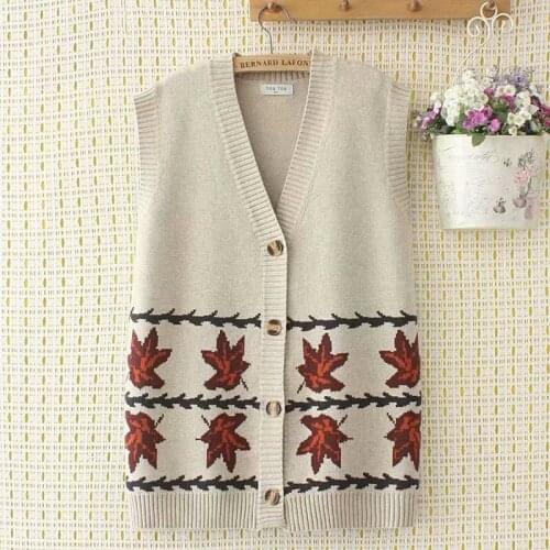 Plus size Cardigan for women 2021 oversize vest Sweaters leaf print sleeveless sweater black apricot color Womens clothing